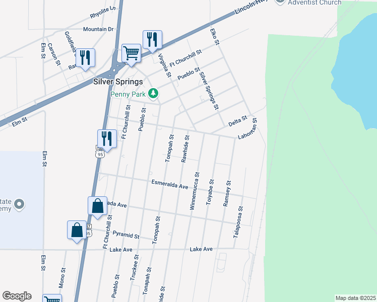 map of restaurants, bars, coffee shops, grocery stores, and more near 2590 Rawhide Street in Silver Springs