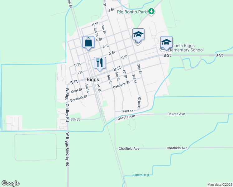 map of restaurants, bars, coffee shops, grocery stores, and more near 2921 6th Street in Biggs
