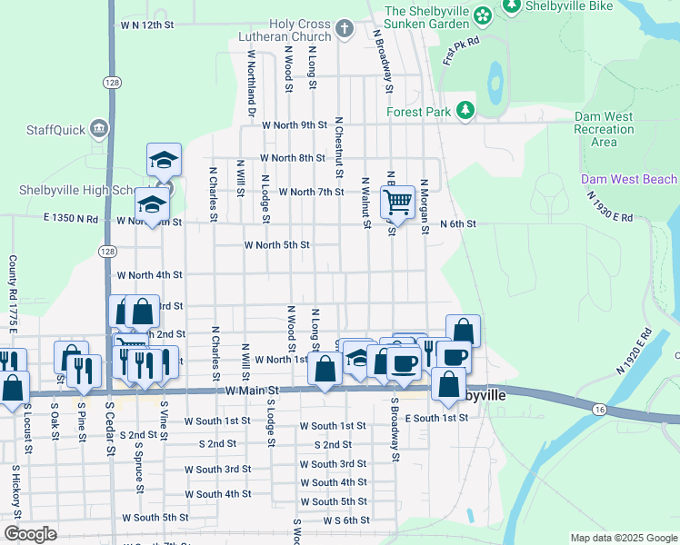 map of restaurants, bars, coffee shops, grocery stores, and more near 301 West North 4th Street in Shelbyville