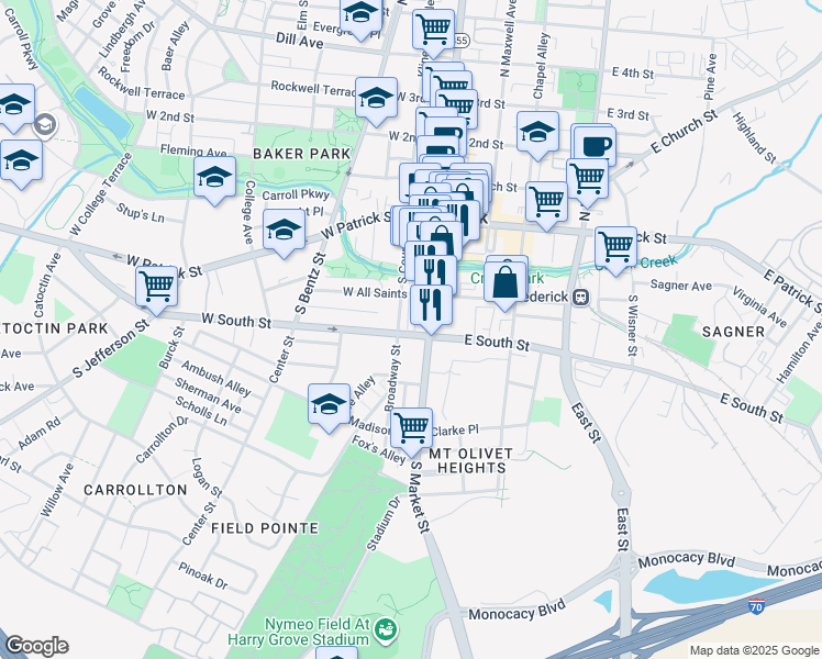 map of restaurants, bars, coffee shops, grocery stores, and more near 9 West South Street in Frederick