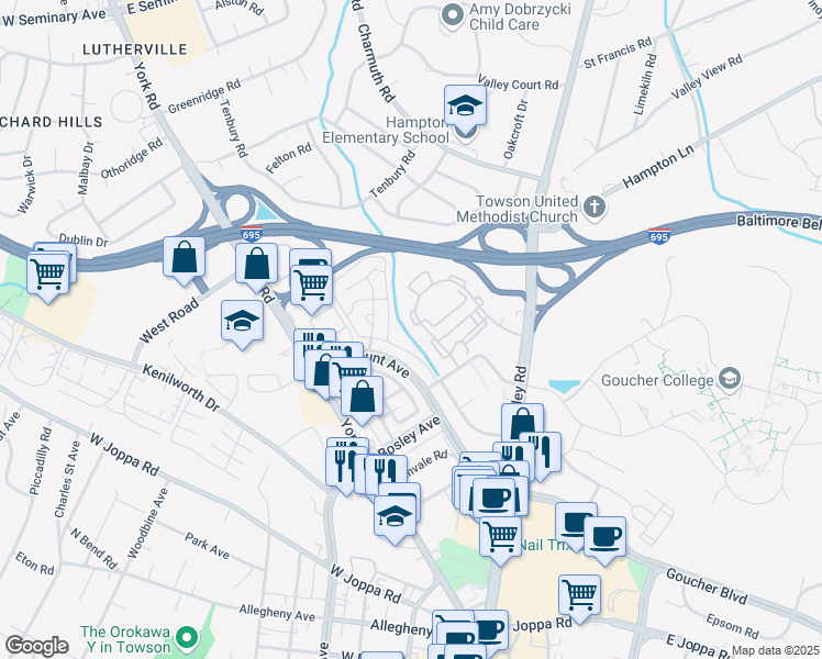 map of restaurants, bars, coffee shops, grocery stores, and more near 13 Bellows Court in Towson