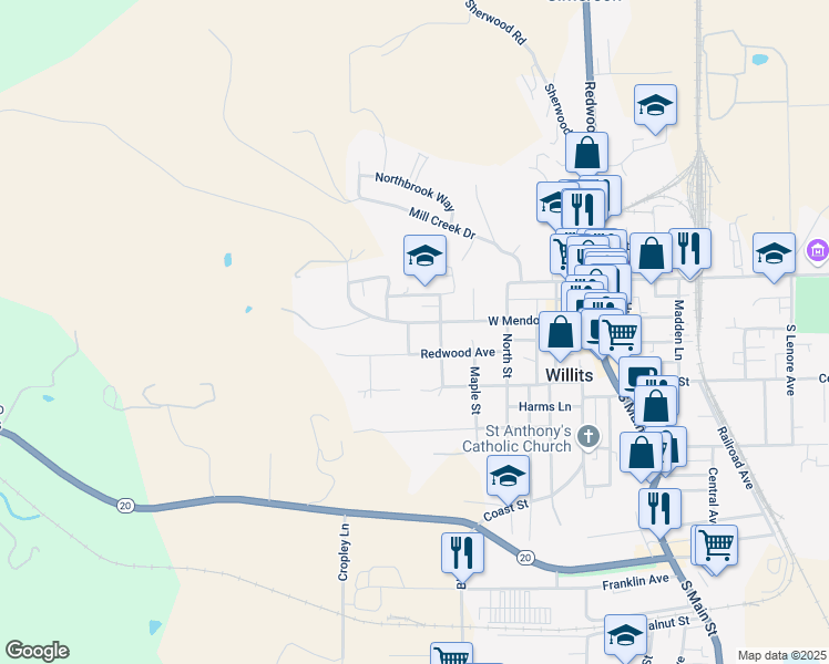 map of restaurants, bars, coffee shops, grocery stores, and more near 491 West Mendocino Street in Willits