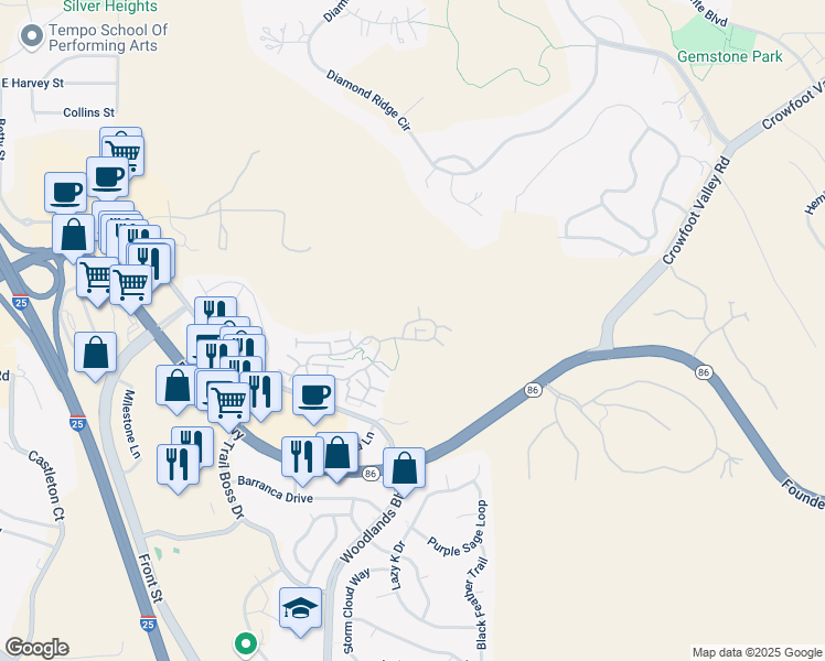 map of restaurants, bars, coffee shops, grocery stores, and more near 999 Snowy Mesa Loop in Castle Rock