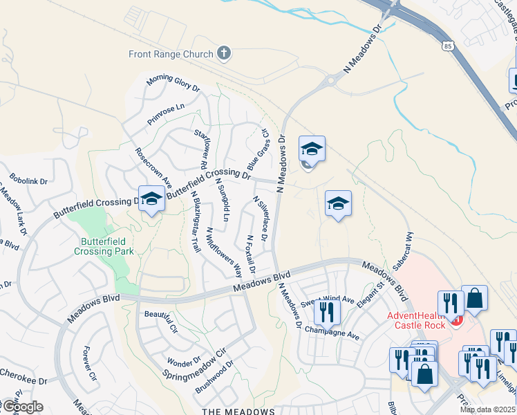 map of restaurants, bars, coffee shops, grocery stores, and more near 4962 North Silverlace Drive in Castle Rock