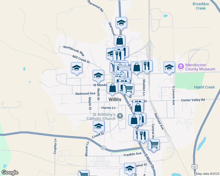 map of restaurants, bars, coffee shops, grocery stores, and more near 132 Catherine Ln in Willits