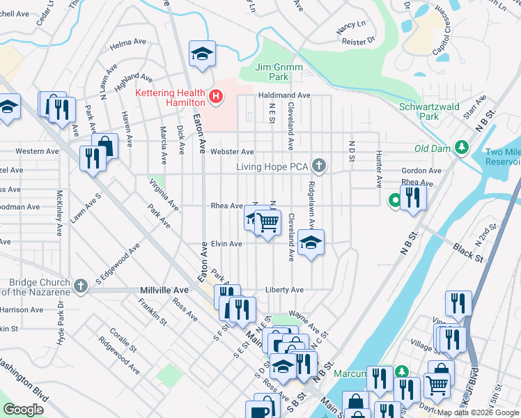 map of restaurants, bars, coffee shops, grocery stores, and more near 399 Rhea Ave in Hamilton