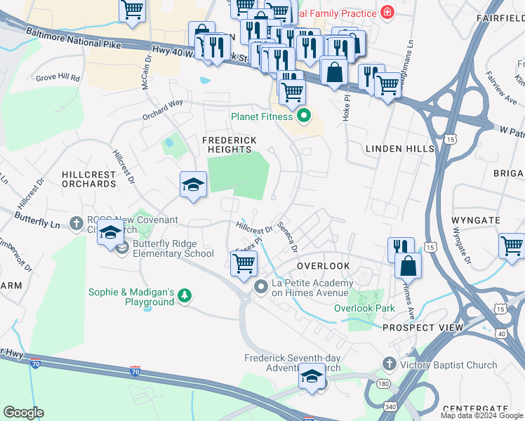 map of restaurants, bars, coffee shops, grocery stores, and more near 466 Arwell Court in Frederick