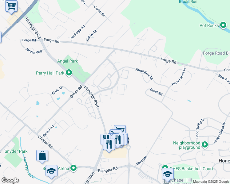 map of restaurants, bars, coffee shops, grocery stores, and more near 3 Brook Farm Court in Perry Hall