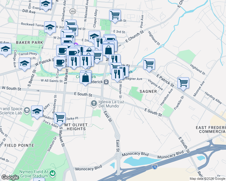 map of restaurants, bars, coffee shops, grocery stores, and more near 160 B and O Avenue in Frederick