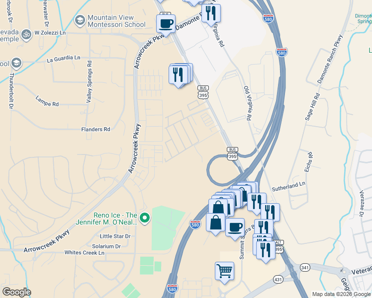 map of restaurants, bars, coffee shops, grocery stores, and more near 199 Brannan Way in Reno