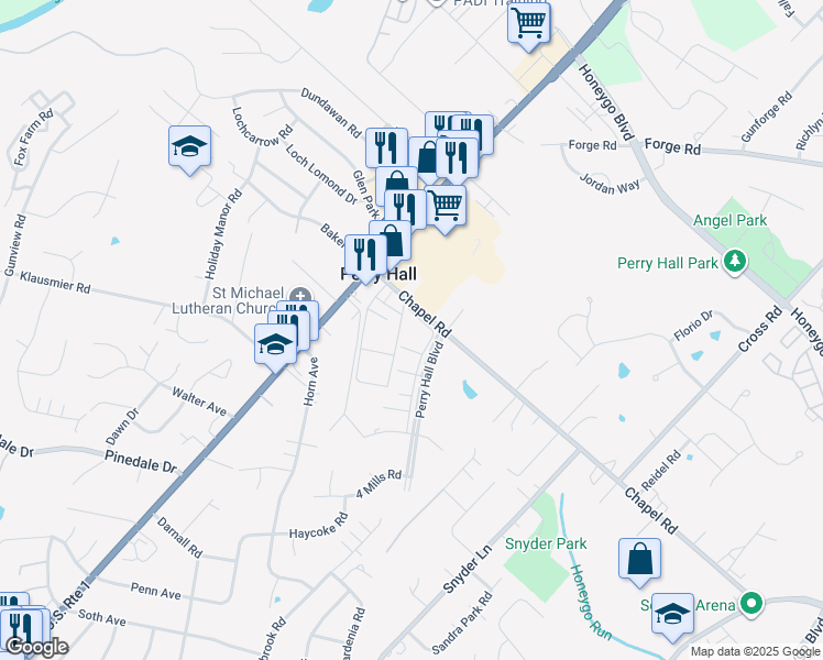 map of restaurants, bars, coffee shops, grocery stores, and more near 4219 Chapel Road in Perry Hall