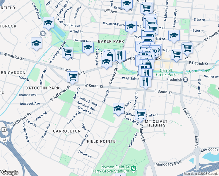 map of restaurants, bars, coffee shops, grocery stores, and more near 240 West South Street in Frederick