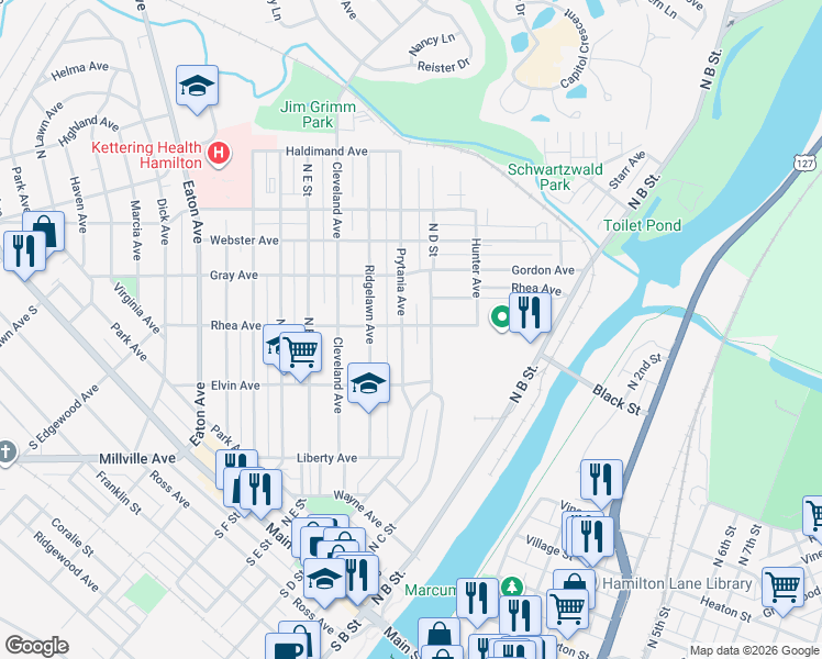 map of restaurants, bars, coffee shops, grocery stores, and more near 552 Prytania Ave in Hamilton
