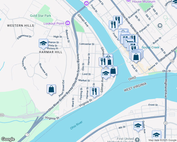 map of restaurants, bars, coffee shops, grocery stores, and more near 220 Harmar Street in Marietta