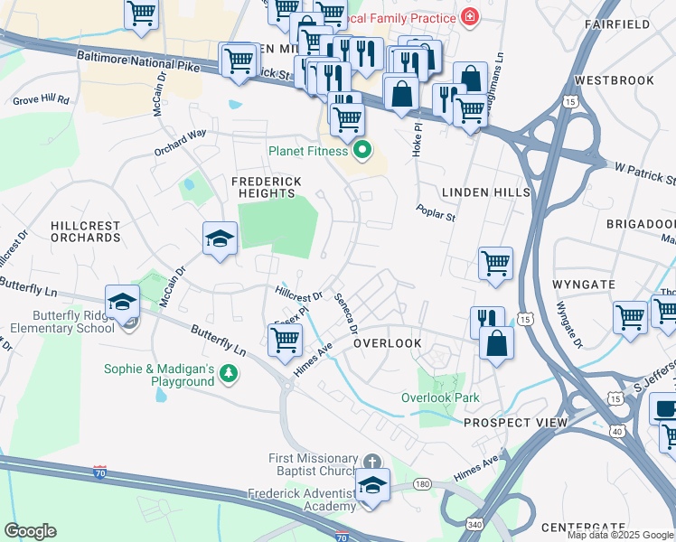 map of restaurants, bars, coffee shops, grocery stores, and more near 101 Tillman Place in Frederick