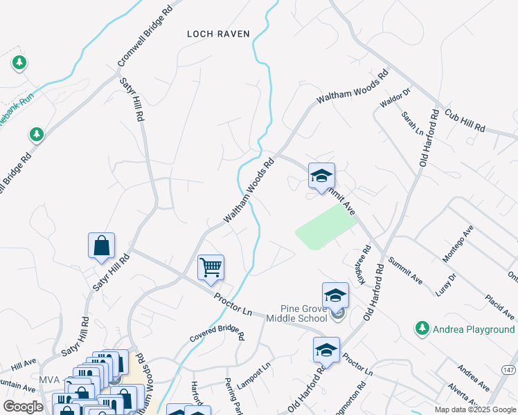 map of restaurants, bars, coffee shops, grocery stores, and more near 15 Bideford Court in Parkville