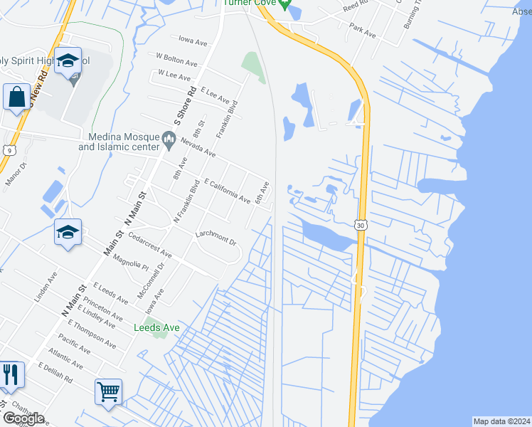 map of restaurants, bars, coffee shops, grocery stores, and more near 1501 Railroad Avenue in Pleasantville