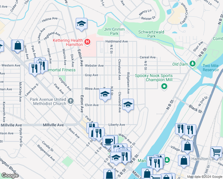 map of restaurants, bars, coffee shops, grocery stores, and more near 521 North E Street in Hamilton