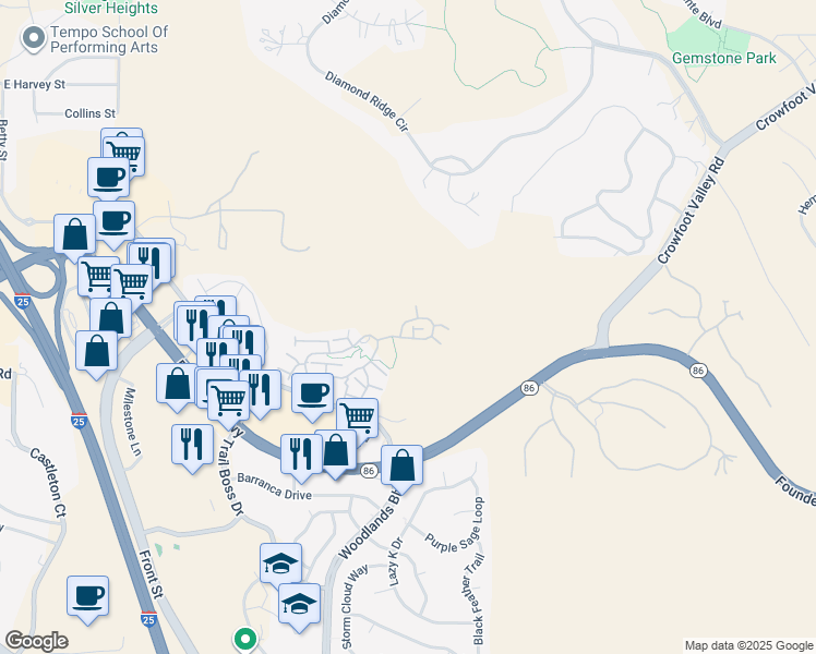 map of restaurants, bars, coffee shops, grocery stores, and more near 999 Snowy Mesa Loop in Castle Rock