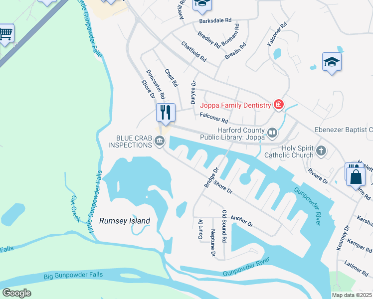 map of restaurants, bars, coffee shops, grocery stores, and more near 107 Stone Harbor Court in Harford County