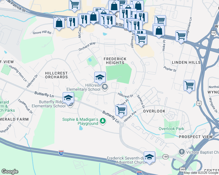 map of restaurants, bars, coffee shops, grocery stores, and more near 1237 Dahlia Lane in Frederick