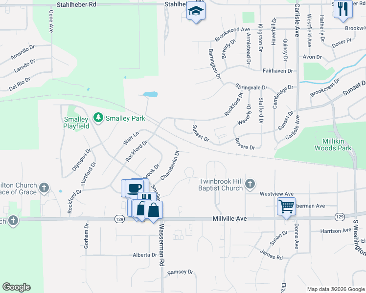 map of restaurants, bars, coffee shops, grocery stores, and more near 216 Chamberlin Drive in Hamilton