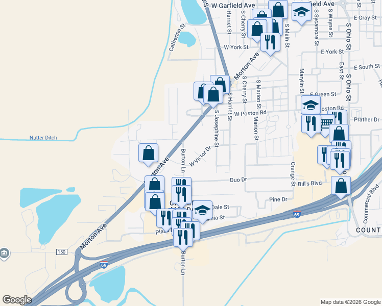 map of restaurants, bars, coffee shops, grocery stores, and more near 1613 West Victor Drive in Martinsville