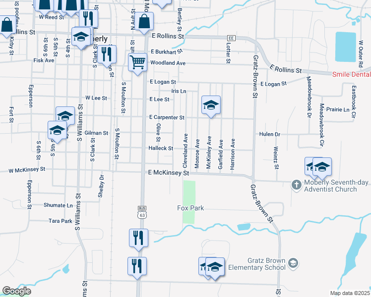 map of restaurants, bars, coffee shops, grocery stores, and more near Halleck Street in Moberly