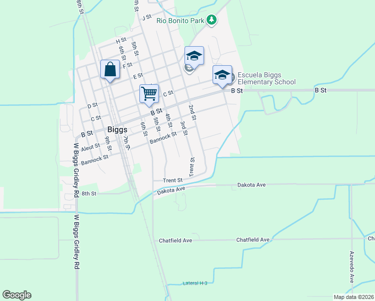 map of restaurants, bars, coffee shops, grocery stores, and more near 2913 3rd Street in Biggs