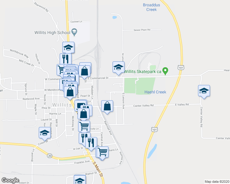 map of restaurants, bars, coffee shops, grocery stores, and more near 369 Creekside Drive in Willits