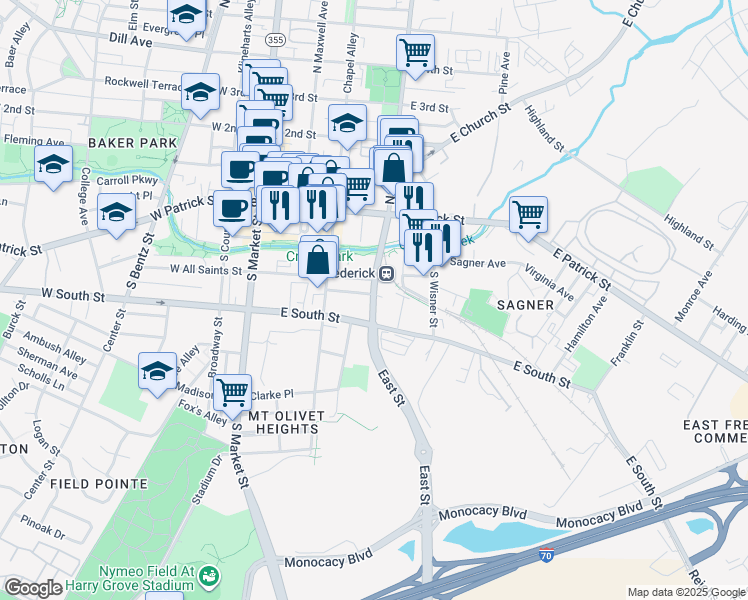 map of restaurants, bars, coffee shops, grocery stores, and more near 150 South East Street in Frederick