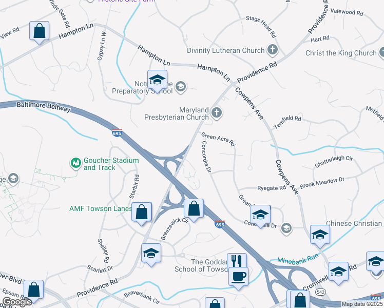 map of restaurants, bars, coffee shops, grocery stores, and more near in Towson