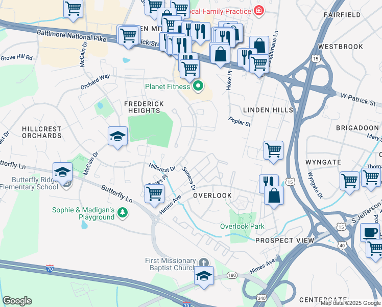map of restaurants, bars, coffee shops, grocery stores, and more near 1126 Keswick Place in Frederick