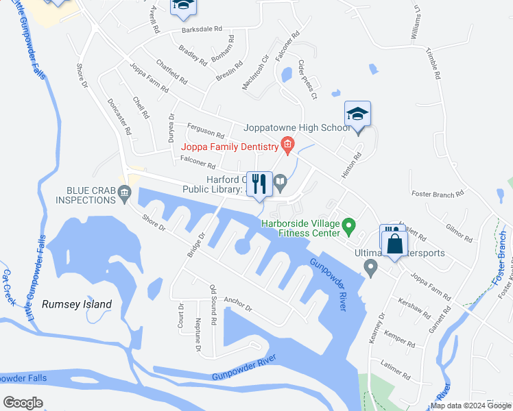 map of restaurants, bars, coffee shops, grocery stores, and more near 626 Towne Center Drive in Harford County