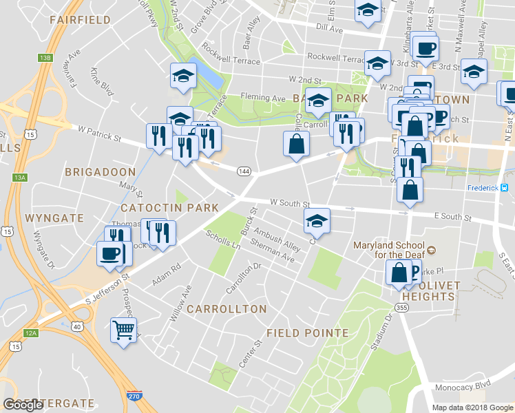 map of restaurants, bars, coffee shops, grocery stores, and more near 108 Burck Street in Frederick