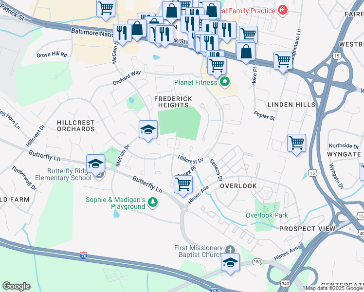 map of restaurants, bars, coffee shops, grocery stores, and more near 1139 Daffodil Drive in Frederick
