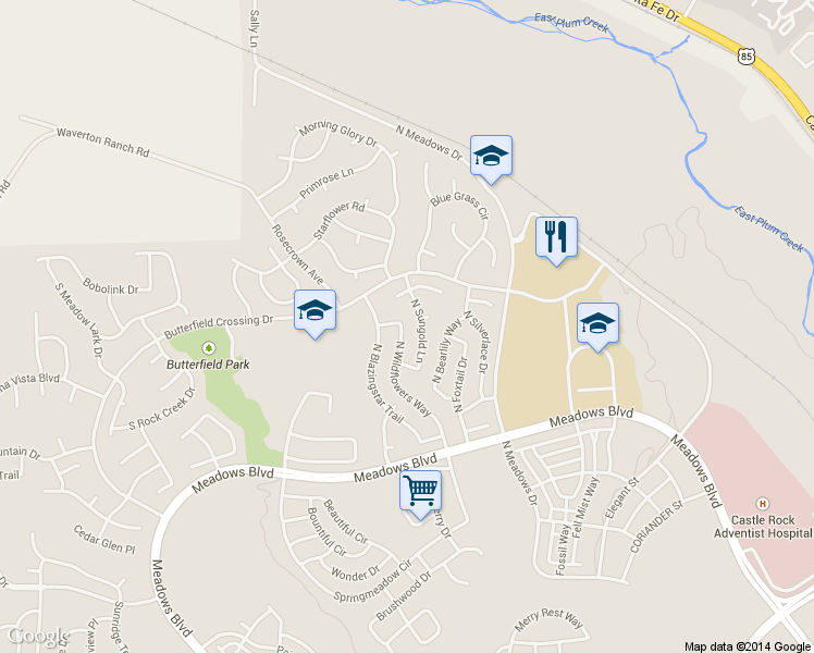 map of restaurants, bars, coffee shops, grocery stores, and more near 4934 North Wildflowers Way in Castle Rock