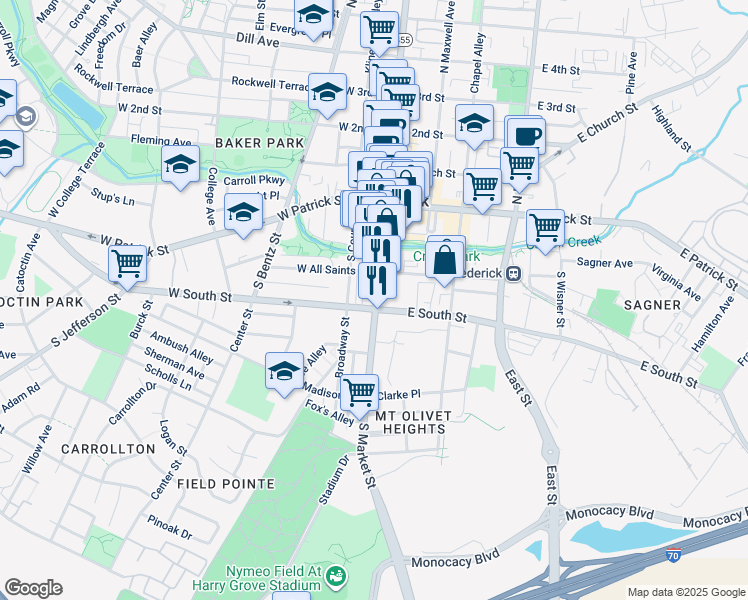 map of restaurants, bars, coffee shops, grocery stores, and more near 129 South Market Street in Frederick