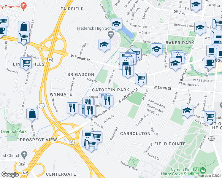 map of restaurants, bars, coffee shops, grocery stores, and more near 114 Catoctin Avenue in Frederick