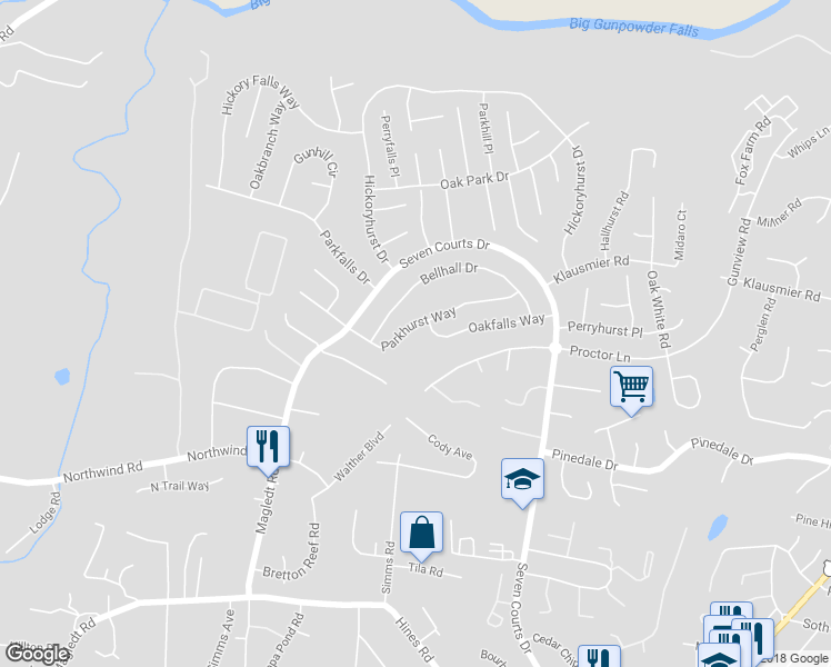 map of restaurants, bars, coffee shops, grocery stores, and more near 3625 Parkhurst Way in Perry Hall