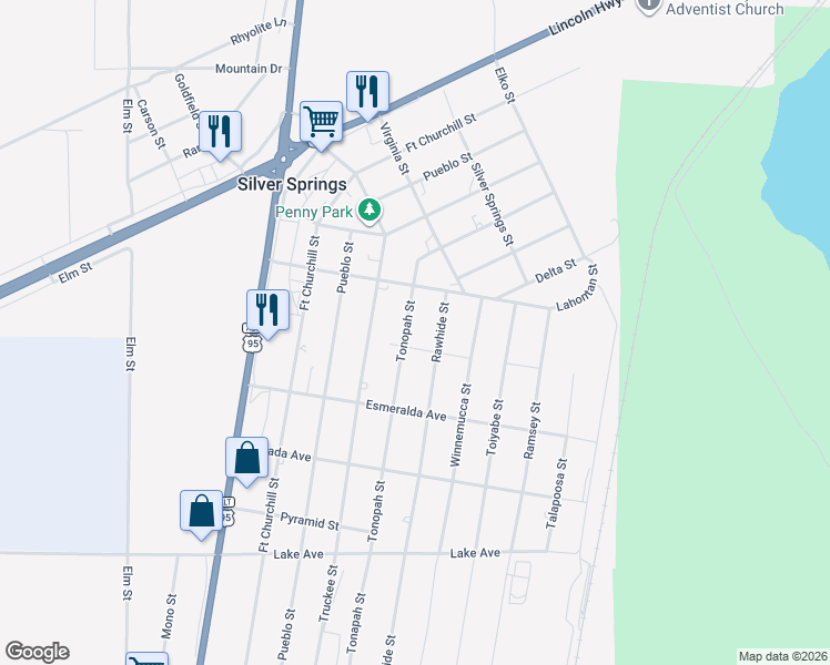map of restaurants, bars, coffee shops, grocery stores, and more near 2590 Tonopah St in Silver Springs