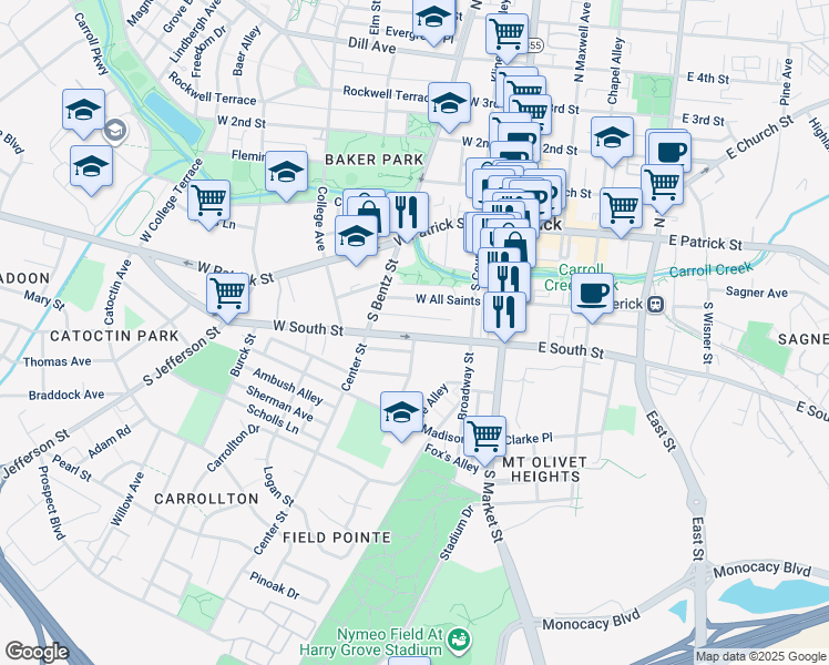 map of restaurants, bars, coffee shops, grocery stores, and more near 151 West South Street in Frederick