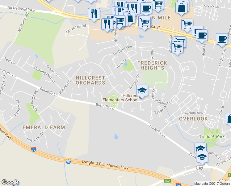 map of restaurants, bars, coffee shops, grocery stores, and more near 1304 Hillcrest Drive in Frederick