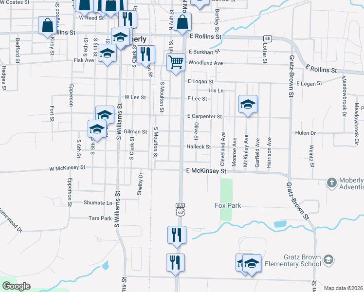 map of restaurants, bars, coffee shops, grocery stores, and more near 300 Halleck Street in Moberly