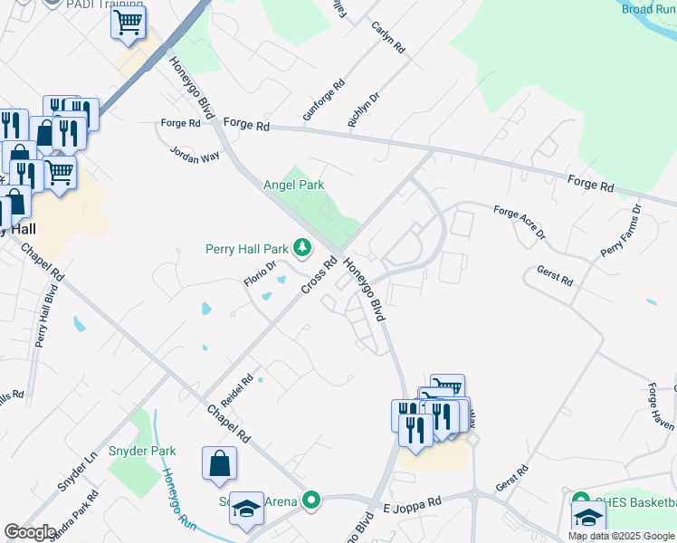 map of restaurants, bars, coffee shops, grocery stores, and more near 4502 Dunton Terrace in Perry Hall