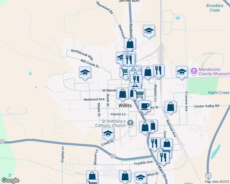 map of restaurants, bars, coffee shops, grocery stores, and more near 132 Catherine Ln in Willits