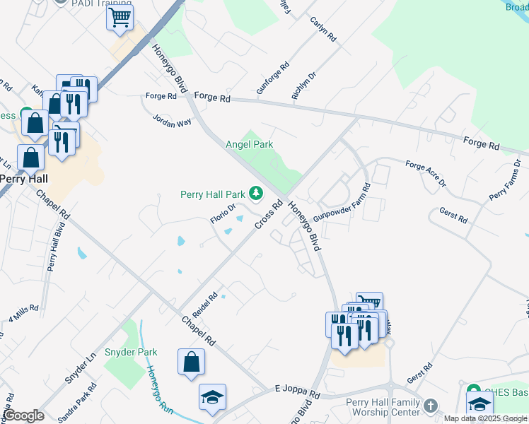 map of restaurants, bars, coffee shops, grocery stores, and more near 9600 Cross Road in Perry Hall