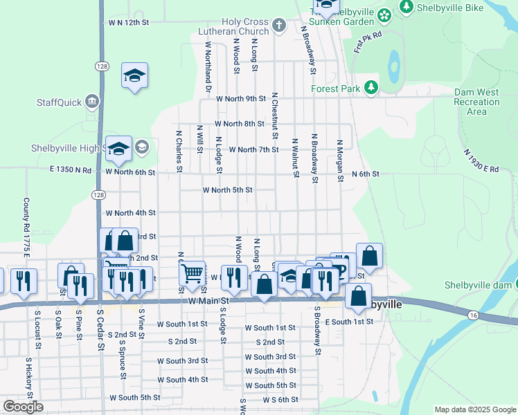 map of restaurants, bars, coffee shops, grocery stores, and more near 301-399 West North 4th Street in Shelbyville