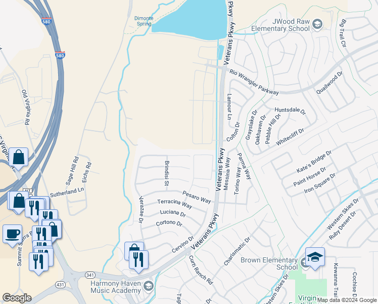 map of restaurants, bars, coffee shops, grocery stores, and more near 485 Manciano Way in Reno