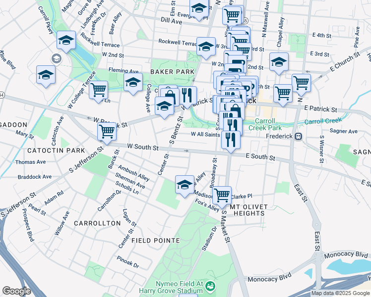 map of restaurants, bars, coffee shops, grocery stores, and more near 205 West South Street in Frederick